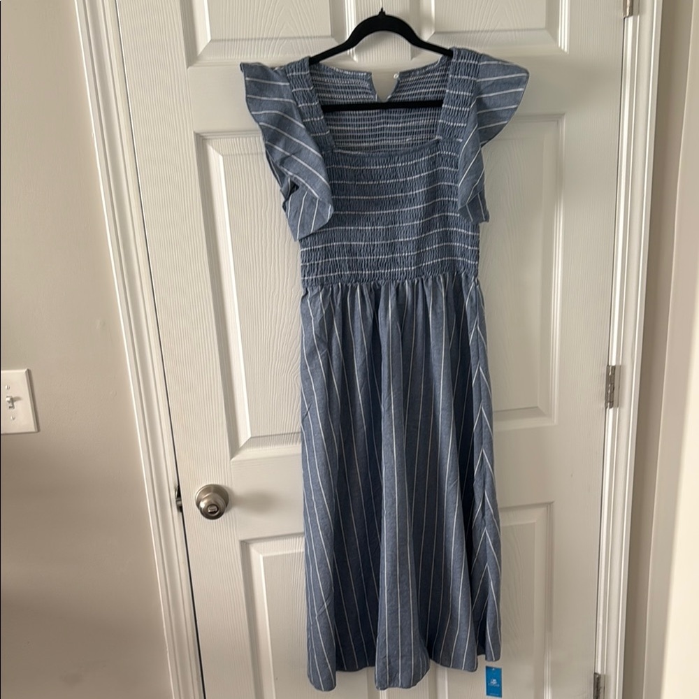 Blue and White Striped Dress with Ruffled Sleeves